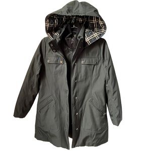 LONDON FOG Women's Large Black Double  Layer Insulated Coat Jacket Hood Zip Snap